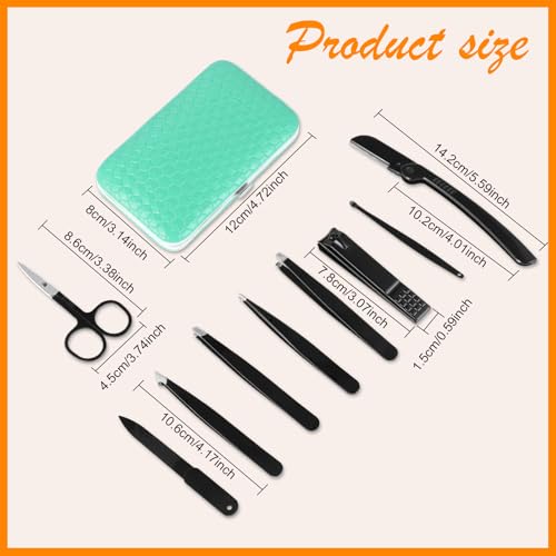 Yougai Tweezers Set,9 Pcs Professional Stainless Steel Tweezer Kit-Great Precision Tweezers for Daily Beauty Tools with Leather Travel Case as Stocking Stuffers Gifts - color: Green