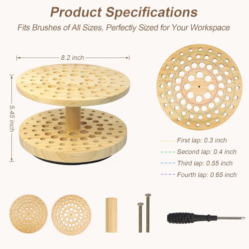 360° Rotating Paint Brush Holder, 72-Hole Hardwood Desk Organizer