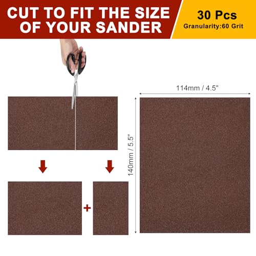 Sandpapers 4.5x5.5 30Pcs 60Grit Aluminum Oxide - size: 4.5" x 5.5"(60 Grit)