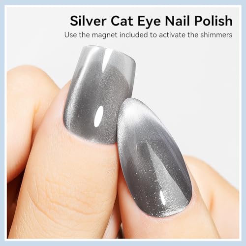 MIZHSE Quick Dry Cat Eye Nail Polish, Silver Magnetic Nail Polish Glossy - color: Cat Eye Silver