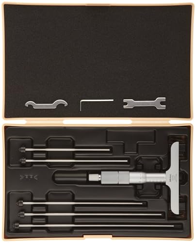 Mitutoyo 129-109 Vernier Depth Gauge, Interchangeable Rods, Micrometer Type, 0-50mm Range, 0.001mm Graduation, +/-0.0027mm Accuracy, 63.5mm x 16mm Base, 2 Rods