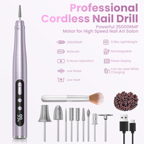 Hoxida Cordless Nail Drill 35000RPM , Rechargeable Nail File LCD Display - color: Purple