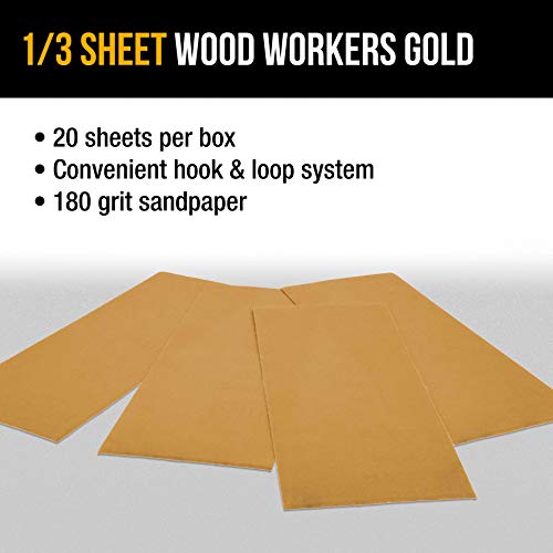 Dura-Gold 1/3 Sheet Gold Sandpaper Sheets, 180 Grit, Box of 20, Hook & Loop - size: 180-Grit