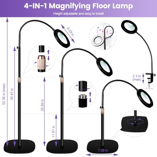 4-in-1 Magnifying Glass with Light and Stand, 3-Color Stepless Dimmable LED Magnifying Floor Lamp, 24" Gooseneck Swing Arm Lighted Magnifier with Clamp for Reading Craft (12X Black) - color: Black