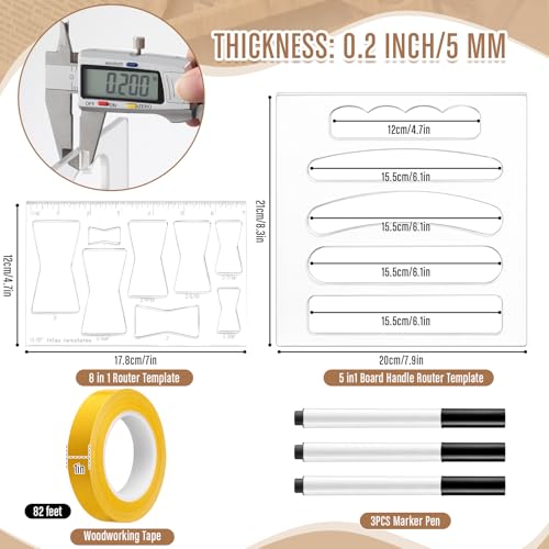 Fuyoooo 14 Pcs Router Templates for Woodworking, 6 Acrylic Charcuterie Board Handle Guides, Bowtie Inlay & 2 Tray Edge Templates, Angled Curvy Tracing Stencils Cut Guide Tools with Tape and Pens