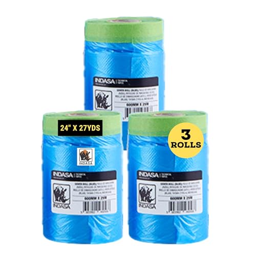 INDASA Cover Roll Pre-Taped Masking Film, Natural Rubber Tape, Static Cling Blue Polyethylene, Solvent Resistant, Multiple Sizes & Multipack Options (14"–71", 3–10 Rolls) (3, 24" x 27 Yards (600mm)) - size: 24" x 27 yards (600mm)