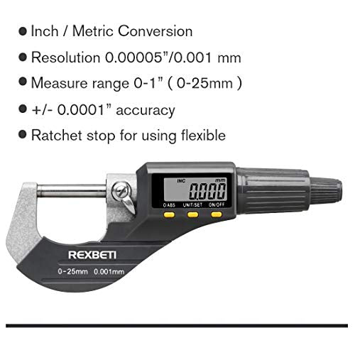 REXBETI Outside Micrometer, Ultra-Precision Carbide Tipped Measuring Tool - size: 0-1"