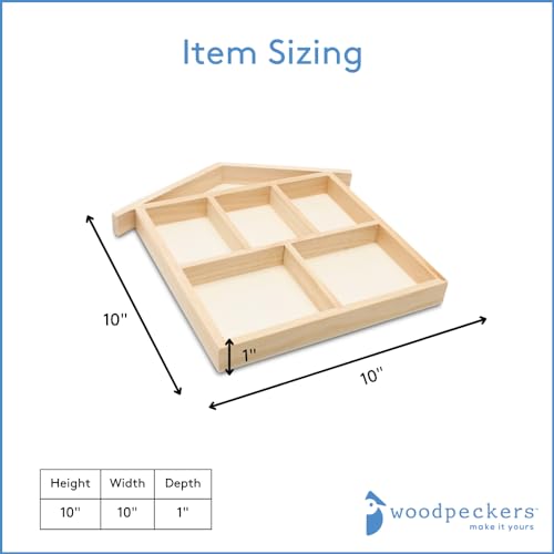 DIY House Shaped Shadow Box 10-inch, Pack of 1, 6-Section Wooden Divided Serving Tray for Crafts & Candy/Food Party Tray, by Woodpeckers - size: 12" x 10" x 1"