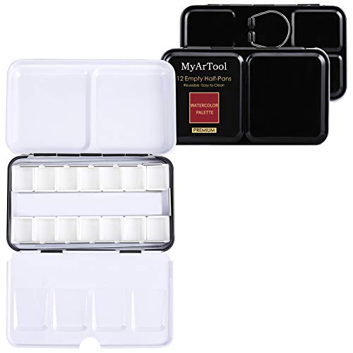 MYARTOOL Watercolor Tin Palette, Metal Empty Paint Case with 12 PCS Empty Half Pans for DIY Travel Watercolor Palette, Acrylic and Oil Painting - color: Black, size: 12 PCS Empty Half Pans