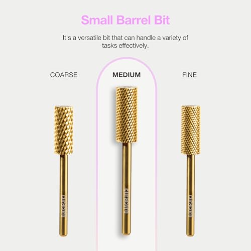 Curacoro Nail Drill Bits 3/32'' Small Barrel Carbide Bit (Medium) - color: Yellow Titanium - Small Barrel Bit, size: Medium