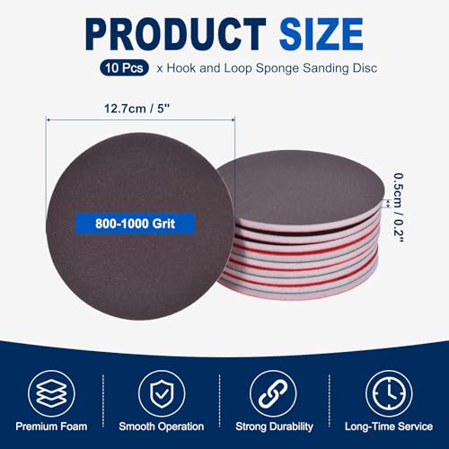 10Pcs 5 Inch Hook and Loop Sponge Sanding Disc, 800-1000 Grit - size: 5 Inch 800-1000 Grit