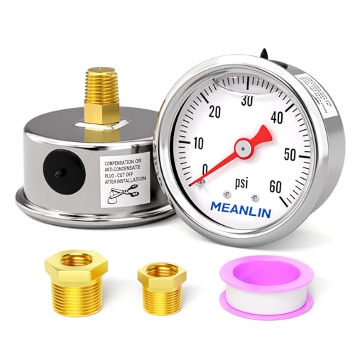 MEANLIN MEASURE 0~60Psi Stainless Steel 1/8" NPT 1.5" FACE DIAL, Glycerin Filled Pressure Gauge, Liquid Filled, Water Oil Air, Back Mount, with 1/4" NPT and 3/8" NPT Hex Bushing - size: 0-60Psi