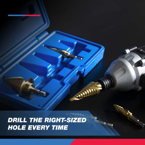 NEIKO 10174A Step Drill Bit, 10 Steps 1/4" to 1-3/8" Straight High Speed Steel, Titanium Nitride Coated, 1/4" Quick Change Step Bits for Steel, Metal, Wood, Plastic, Unibit Cone Drill Bits, Two Flute - size: #5 (1/4 - 1-3/8", 10S), style: Spiral