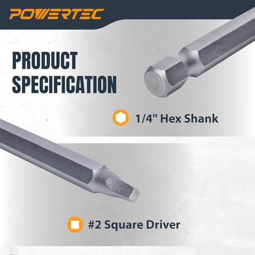 POWERTEC 72259 6 Inch Square Driver Bit Set - #2 Square Head, 1/4" Hex Shank, for Woodworking & Construction (2 Pack) - style: 2PK 6" #2 Square Driver Bit