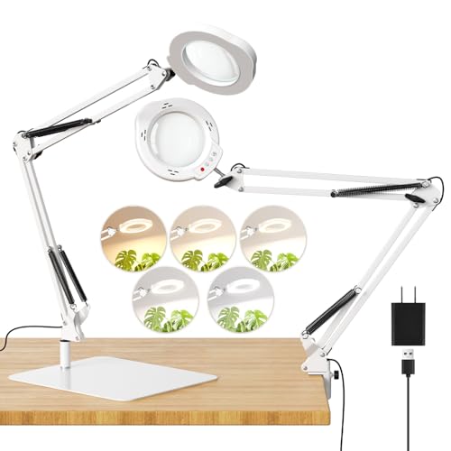 15X Magnifying Glass with Light and Stand, 84 LED Magnifying Desk Lamp with Clamp and Base, 10 Dimmable Brightness 5 Color Modes, Hands Free Lighted Magnifying Glass for Close Work, White