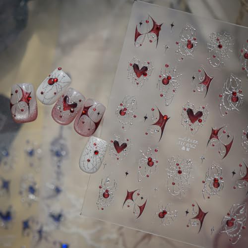 1 Sheet Halloween Nail Stickers for Nail Art Silver Spider Web Nail Decals with Red Rhinestones Spider Nail Design Gothic Halloween Holiday Crystal Red Spider Nails Supplies for Women Manicure DIY - color: Halloween Red Spider