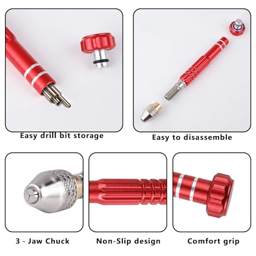 Precision Pin Vise Hand Drill, 3 Jaw Manual Drill SDZKQ-02 (Red) - color: Red