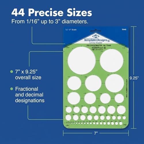 ALVIN TD445 Circle Guide Template, 44 Circles, 7 x 9-1/4 Inches, Drafting Stencil for Architects, Engineers, Artists and Students - style: TD445: 44 Circles, 7 x 9-1/4 in