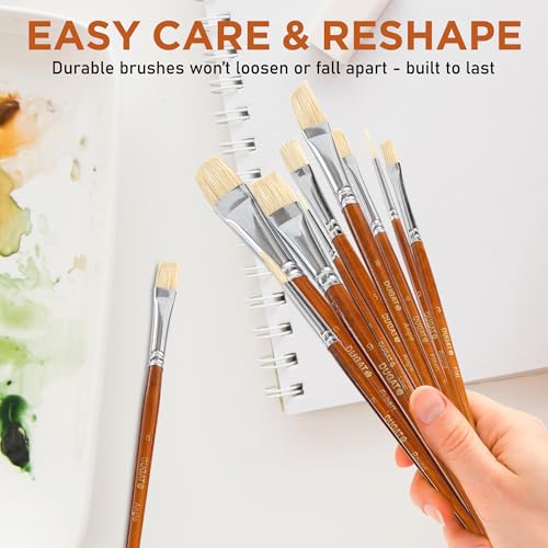 DUGATO Short Handle Artist Paint Brush Set, 10-Piece Hog Hair Bristle - color: Brown