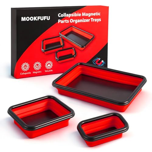 Collapsible Magnetic Parts Tray Set, 3 Different Sizes，Red - color: Red