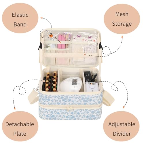 Nail Polish Organizer Bag Holds 50+ Bottles (15ml/0.5 fl.oz) &UV Nail Lamp - color: 01-Blue Flower, size: 50 Bottles