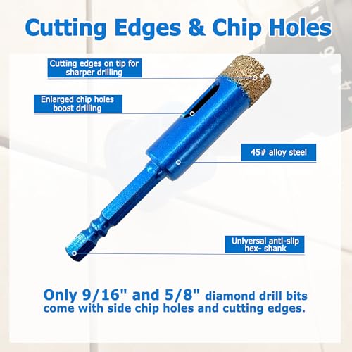 10-Pack Hex Shank Dry Diamond Drill Bits,7 Mixed Sizes 3/16"-5/8" - size: 10 Pcs 3/16"-5/8"