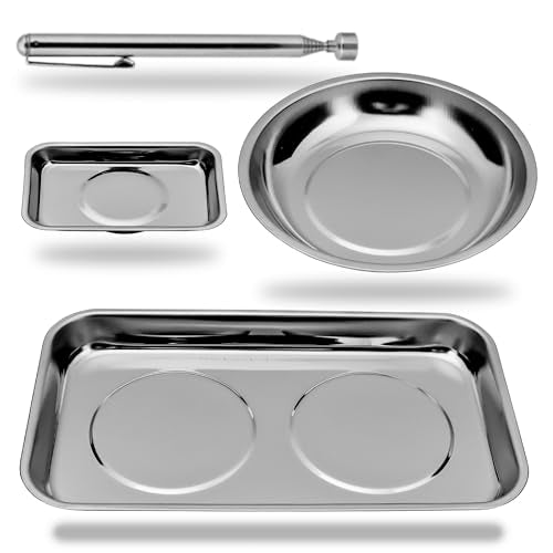 HORUDSY 4PC Magnetic Tray Set with Magnet Stick – Extra Strong Magnets, Stainless Steel Trays, and Telescoping Pickup Tool for Organizing and Retrieving Metal Parts - color: 4-Piece Magnetic Tray & Stick - Pro