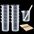 Coopay 12 Pack 100ml/3.4oz Plastic Beakers Epoxy Mixing Cups, Plastic Graduated Cups Clear Multipurpose Measuring Cups with 50 Pack Wooden Stirring Sticks for Resin, Epoxy, Stain, Mixing Paint - size: 100ml