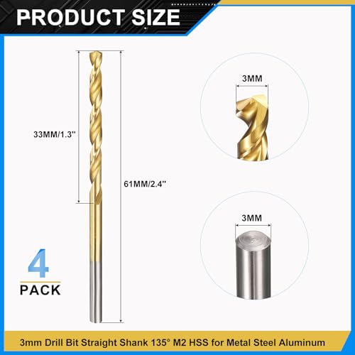 PATIKIL 3mm Drill Bit Jobber Straight Shank M2 TiN Coated 4Pcs - size: 3mm