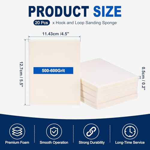 20Pcs 500-600Grit Sanding Sponges, 5.5x4.5In Hook & Loop White - size: 500-600 Grit