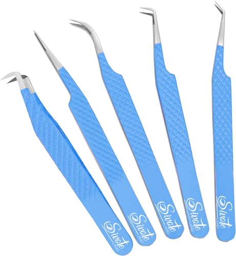 Lash Tweezers for Eyelash Extensions, Pack of 5, Blue, Diamond Grip - color: Blue, size: (Pack of 5)