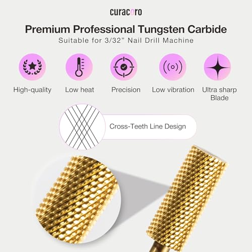 Curacoro Nail Drill Bits 3/32'' Small Barrel Carbide Bit (Fine) - color: Yellow Titanium - Small Barrel Bit, size: Fine
