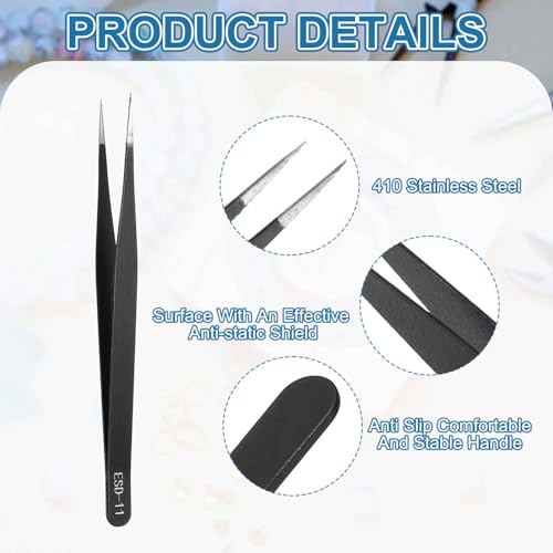 HARFINGTON 3pcs 4.92" Long ESD-11 Anti-static Straight Pointed Tip Tweezers - size: 4.92"（ESD-11)