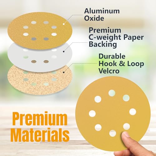 POWERTEC 50 PCS 320 Grit - 5 Inch 8 Hole Hook and Loop Sanding Discs, 5" Sanding Pads for Automotive, Drywall, Woodworking with Orbital Sander, DA Sander, Air Sander (44032G-50)