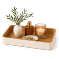 GORESE Rectangle Perfume Tray for Dresser, PU Leather Jewelry Tray for Vanity, Cream White & Wooden - size: 9.8" x 6" x 1.5"