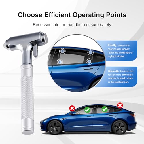 for Tesla Glass Breaker Window Breaker Seatbelt Cutter Safety Hammer Car Window Breaker Tool Seatbelt Cutter Emergency Rescue Tools Metal Window Hammer Model Y/3/X/S Car Accessories - color: Silver