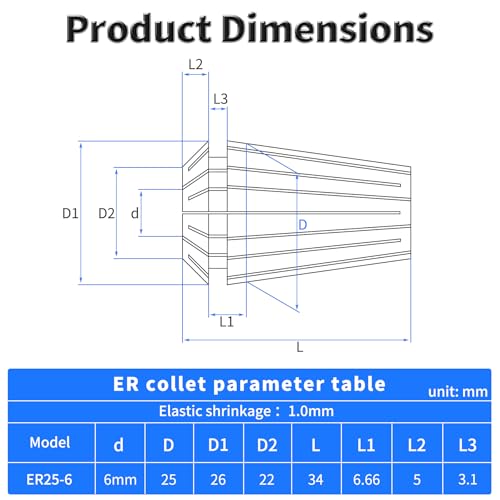 ER25-6mm Spring Collet, 1mm Elastic Shrinkage