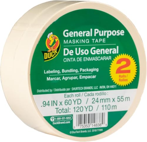 Duck Brand General Purpose Masking Tape, Beige, 0.94 in x 60 Yds, 2 Rolls, 0.94" Width (Pack of 12) - size: 2 Rolls, 0.94" Width (Pack of 12)