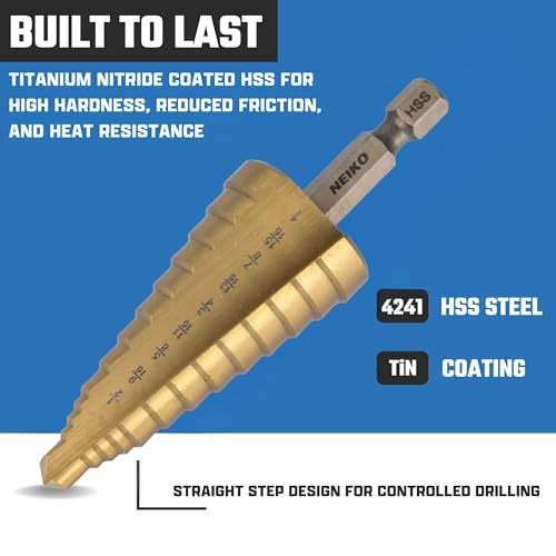 NEIKO 10624A Step Drill Bit, 9 Steps 1/2" to 1" Straight High Speed Steel, Titanium Nitride Coated, 1/4" Quick Change Step Bits for Steel, Metal, Wood, Plastic, Unibit Cone Drill Bits, Two Flute - size: #8 (1/2 - 1", 9S), style: Straight