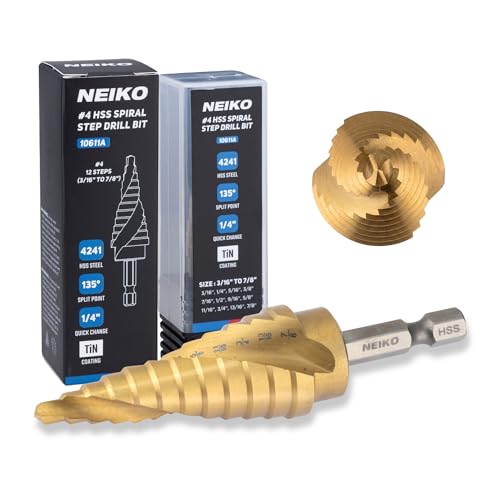 NEIKO 10611A Step Drill Bit, 12 Steps 3/16" to 7/8" Spiral High Speed Steel, Titanium Nitride Coated, 1/4" Quick Change Step Bits for Steel, Metal, Wood, Plastic, Unibit Cone Drill Bits, Two Flute - size: #4 (3/16 - 7/8", 12S), style: Spiral