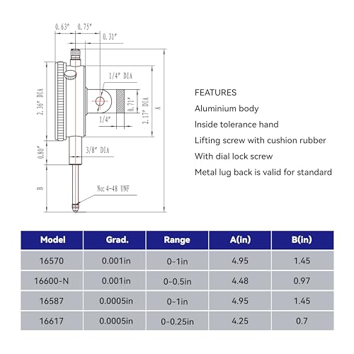 HFS Dial Indicator, 0-1" Range, 0.001" Graduation, 1/4" Lug Back - size: 0-1" x 0.001"