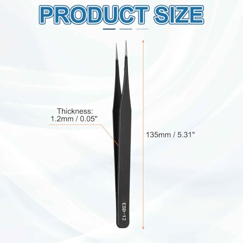 HARFINGTON 6pcs 5.31" Long ESD-12 Anti-static Straight Pointed Tip Tweezers - size: 5.31"（ESD-12)
