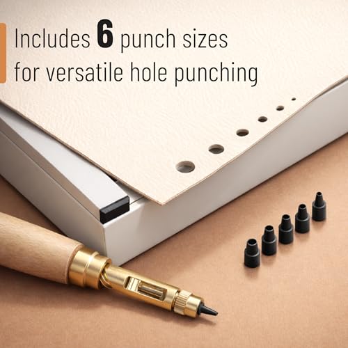 UNCO- Adjustable Leather Hole Punching Tool, 6 Sizes (1.5-4mm), Japanese Style Automatic Puncher with Wooden Handle, Hollow Hole Punch for Leather Belt, Bag, Wristband, Watch Strap, Shoe, Craft & DIY