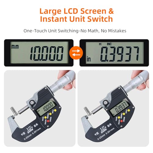 Digital Outside Micrometer, 0-1 in Range, 0.00005" Resolution, LCD Display