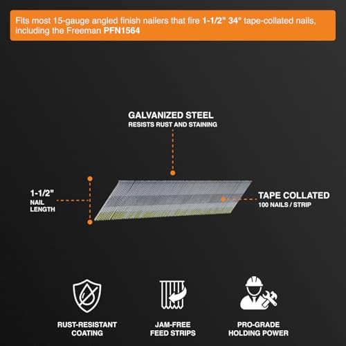 Freeman Angled Finish Nails | 34 Degree | 15 Gauge | 1-1/2" | Tape Collated | Galvanized Steel | 1000 Count | Trim, Moulding, Cabinetry, Baseboards, Furniture, Door and Window Casing | AF1534-15 - style: 15-Gauge 1-1/2"