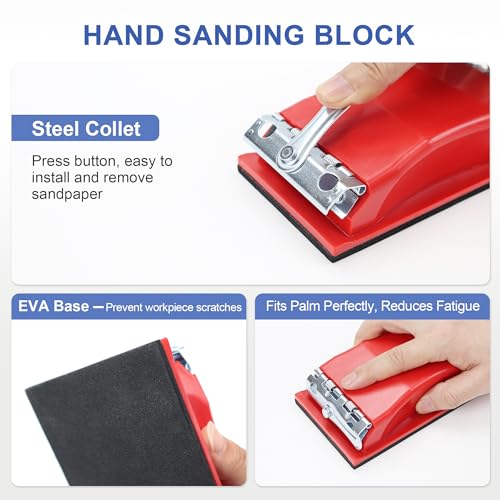 SCOTTCHEN Hand Sanding Block Set with 2 Sanding Blocks (Red & Yellow) for Coarse/Fine Grinding, 56pcs 120-3000 Grit Wet/Dry Sandpaper for Furniture, Metal & Auto - style: Clamp-style 2 pack