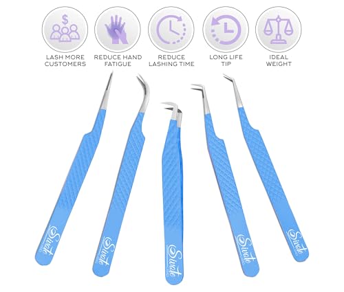 Lash Tweezers for Eyelash Extensions, Pack of 5, Blue, Diamond Grip - color: Blue, size: (Pack of 5)