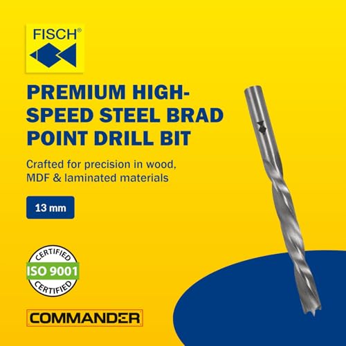 Fisch HSS Double Flute Brad Point Ground Wood Drill Bits, 13mm, Wood Drill Bit, Precision Drilling for Woodworking, Compatible with Standard Drills, DIY & Professional - size: 13mm x 110mm