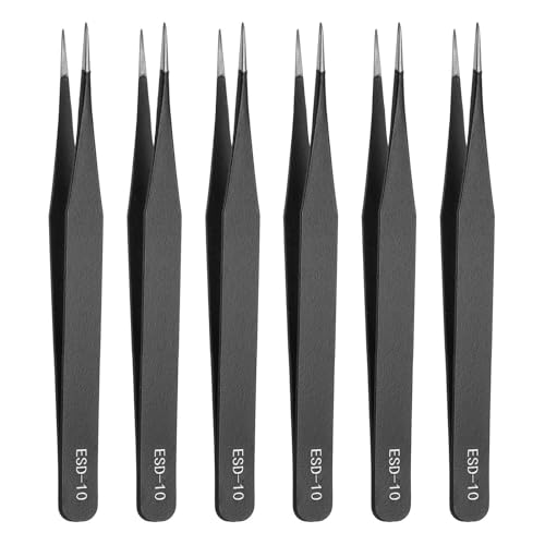 HARFINGTON 6pcs 4.76" Long ESD-10 Anti-static Straight Pointed Tip Tweezers - size: 4.76"（ESD-10)