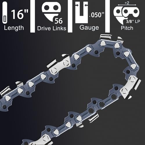 [4 Pack] 16 Inch Chainsaw Chain 3/8" LP Pitch .050" Gauge 56 DL - Manganese Steel Low-Kickback Chains, Fits for Craftsman, Poulan, Husqvarna, Echo, Ryobi and More